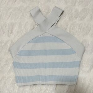 Babaton Light Blue and White Striped Cross-Strap Crop Top